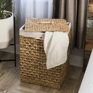 Hand Woven Water Hyacinth Laundry Towel Hamper Basket Removable Liner Lid Handle