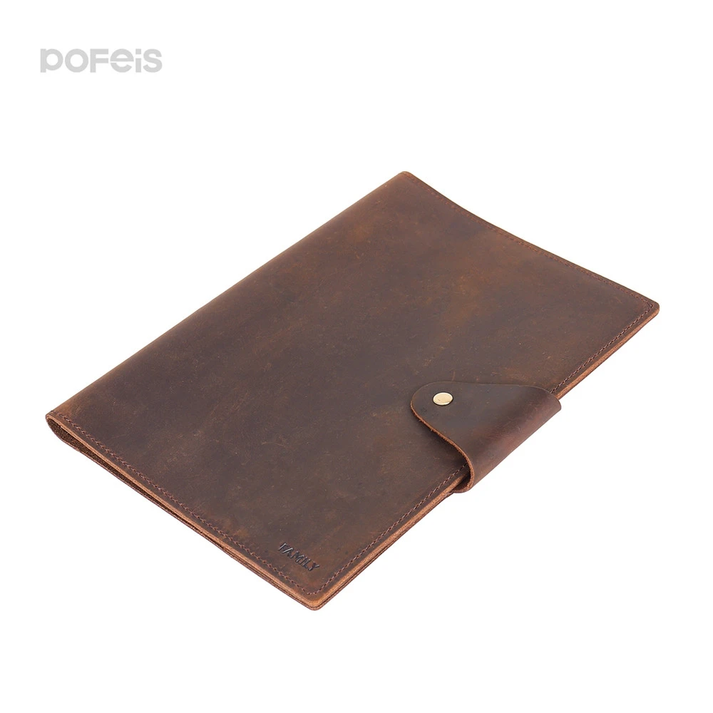 Handmade Fold Button Open Cow Leather Document Storage Bag Book Cover Pen Section Genuine Leather Notebook Covers
