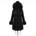 Heavy duty plain color polyester fabric with neck front fur waist drawstring decoration winter women hoodies coat