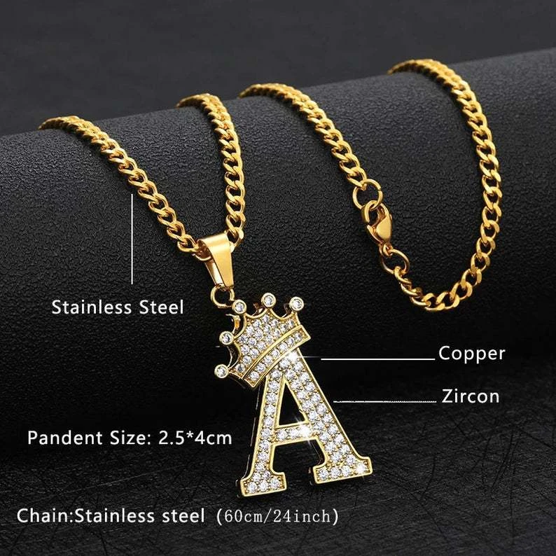 Hip Hop Necklace Crown Gold Plated Chain Necklace 26 Retro Letters Pendant Diamond Initial Necklace Diamond Women Men Jewelry