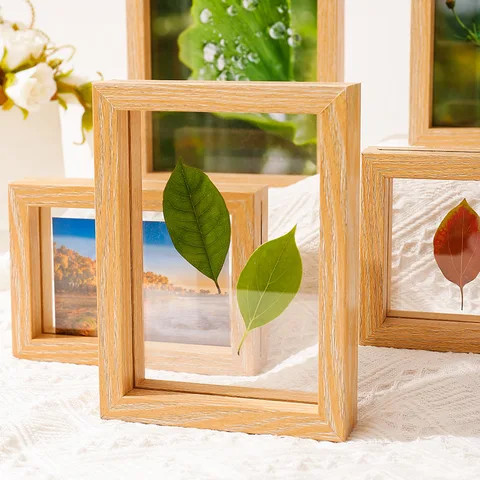 Home Decor DIY 5x7 8x10Solid Wood Framed Double Sided Glass Wall Art Picture Floating Picture Frame