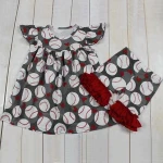 Hot sale girls clothing sets Baseball print baby girl tunic tops matching ruffle shorts outfits boutique