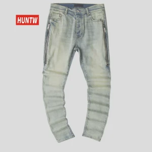 HUNTW OEM Dongguan custom destroyed denim jeans zipper skinny jeans men