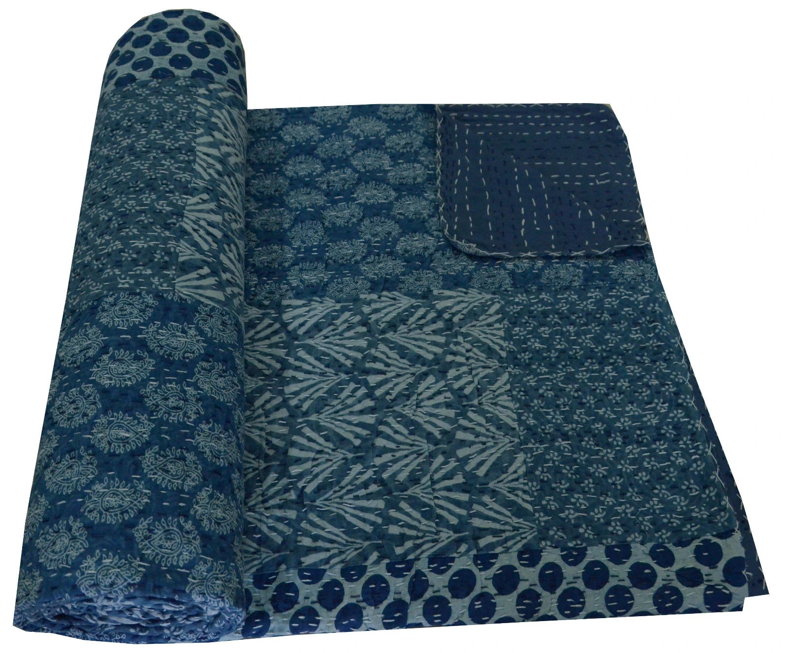 Indian Vintage Hand Stitched Patchwork Kantha Quilt 100% Cotton Gudri Blanket Block Printed Kantha Indigo Blue Bedspread