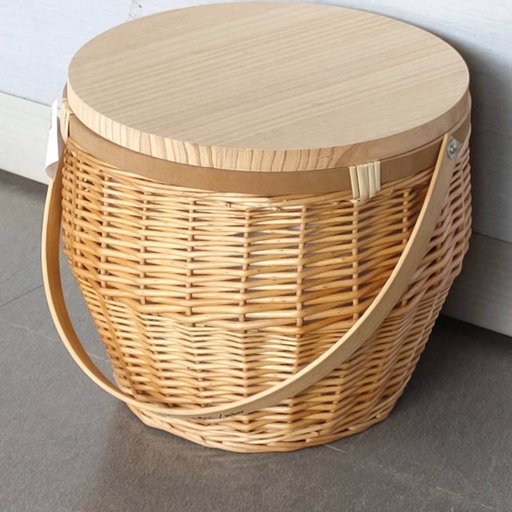 Insulated round wicker picnic basket with wood lid handmade nature beach picnic basket hamper