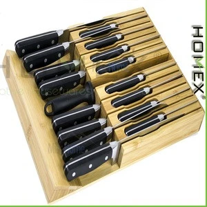 Knife Block Kitchen Drawer Organizer - Premium Bamboo Tray Insert Has Slots For Knives And A Sharpener Slot /Homex_BSCI