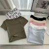 Latest Summer lady shirt Customized young ladies Pink Striped One-shoulder Top + Ripped clothes + Headscarf Three