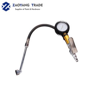 Level control tire inflating gun with dual foot chuck and function of inflating deflating and dial type pressure gauge