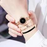 Luxury 4 PCS Jewelry Gift Set Rose Gold Ladies Watch with Bracelet Fashion Girls and Womens Quartz Wrist Watch Sets for Women