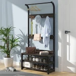 Metal Frame Multi Function Shoe and 4 Hook Coat Storage Rack Hanger Hooks Stand
