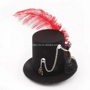 Mini top hat party hat wholesale red feather mini hat with skull head