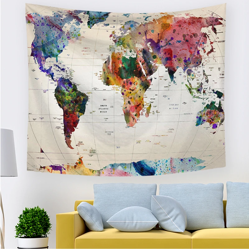 Monad Fabric Colorful World Map Wall Hanging Tapestry Custom Made Eco Friendly Velvet Printed Hand Wash Knitted 100% Polyester