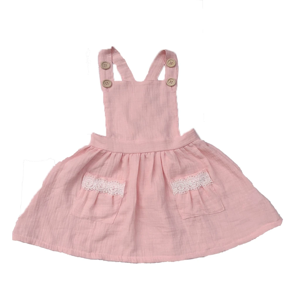 Muslin cotton button skirt infant baby overalls dress girl suspender sleeveless backless plain color girl dress