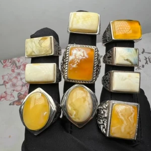 Natural Baltic Russian amber stone polishing ring 925 silver inlay Golden white amber