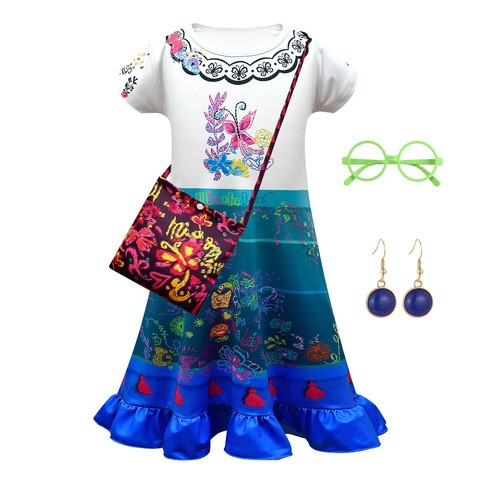 New Design Girls Encanto Mirabel Cosplay Dress With Glasses Earrings Bag Halloween Carnival Suit Costume