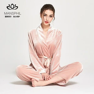 New Fashion Luxury Silk Velvet Belted Robe and Pant Pajama Set Home Lounge wear Manufacturer for Winter