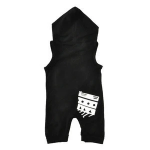 New Summer Black Cotton Fashion Cool Hooded Sleeveless Button romper toddler boy clothing