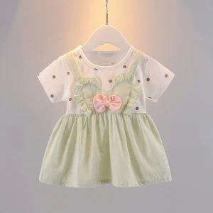 New Summer Short Sleeve Pleat Green Pink Yellow 1-4 Years Old Skirts O-Neck Ruffle Flower Kawaii Girls Cotton Dresses
