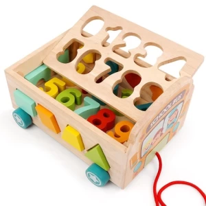 Number Matching Math Bus Educational Toy With Numbers and Colors School Bus Wooden Blocks