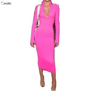 oem Neon Pink Green Long Sleeve Half Open Zip Collar women Dresses