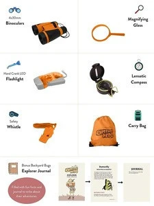 Outdoor Explorer Kit for Kids , Childrens Toy Binoculars, Magnifying Glass, Flashlight, Compass, Whistle, Backyard Bugs Book