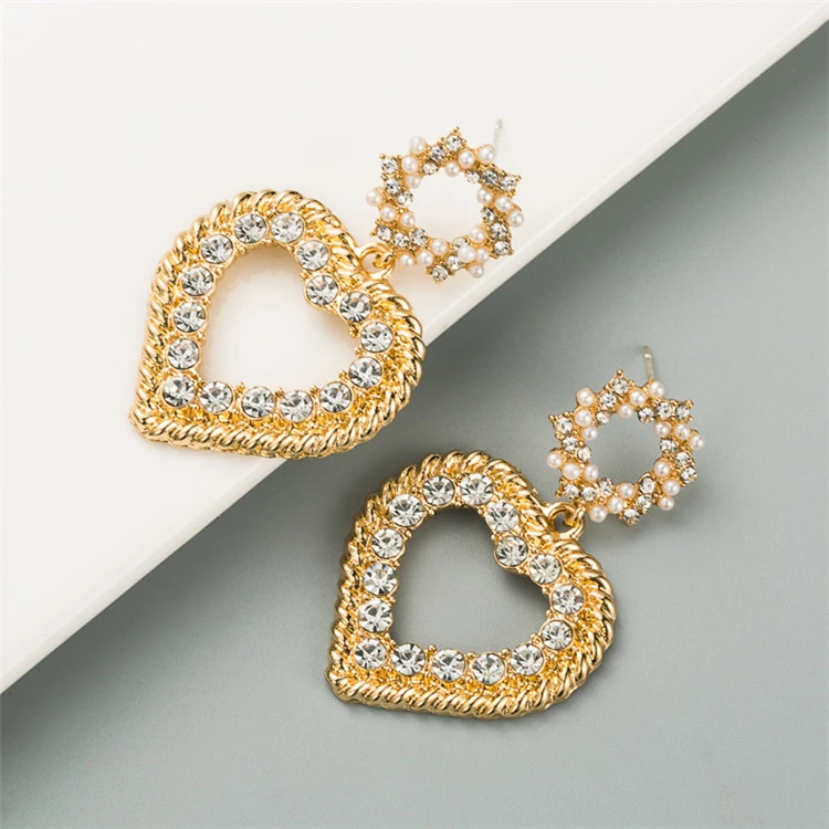 Personality Golden Love Diamond Pendant Pearl Earrings Female Alloy Inlaid Rhinestone Silver Needle Earrings