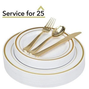 Plastic Dinnerware & Plastic Cutlery Set 125-Piece Service for 25 Disposable Place Setting Gold plastic Forks Spoons Knives