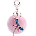PO000197 WT Yiwu Dragonfly Shape Rabbit Fur Ball Key chain Wholesale Animal Pom Pom Key chain For Ladys Bag