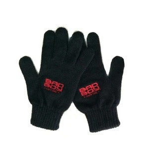 Promotion black embroidered mitten, knitted winter magic gloves with custom logo