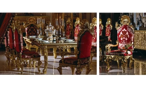 Rococo Royal Luxury Furniture Golden Wood Carving Long Dining Table and Chair Set with 8 Chairs