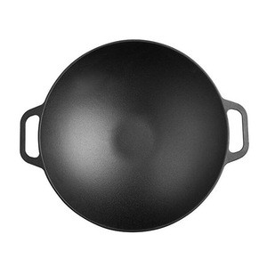 Smooth Balanced Base Cast Iron Seasoned Wok with Wide Handles, Large/14&quot;, Black, 100% NON-GMO Flaxseed Oil Seasoning