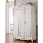 Solid Wood  Country Bedroom Furniture Hinged Door Storage Cabinet White French Style Wardrobe with Drawers