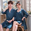 Spring Autumn Sleepwear For Couples Solid Stripes Womens Nightgown Nightdress Simple Stylish Satin Silk Mens Bathrobe Robe