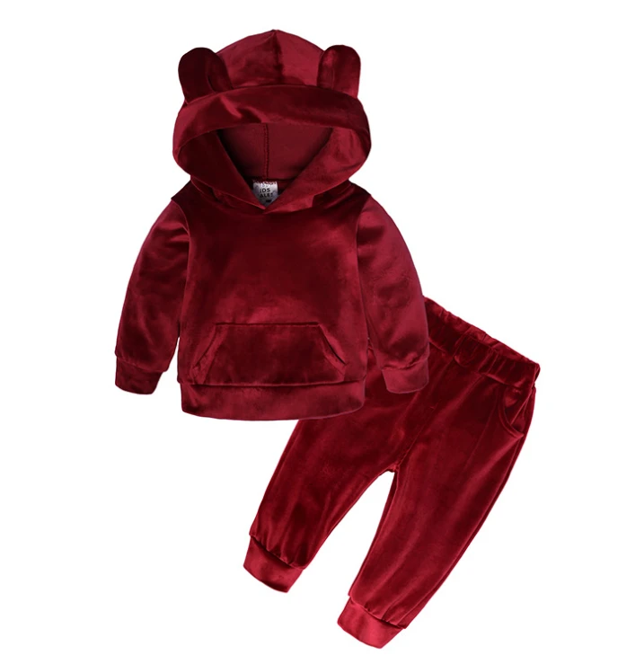 stock 2 pieces blank cute bear kids set hoodie and jogger pants baby boys clothes unisex velour tracksuit suit for girls