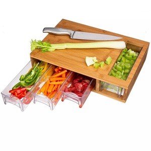 Sturdy Bamboo Food Cutting Chopping Board with 4 Plastic Storage Boxes Containers