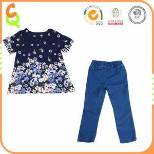 Summer fashion girls national wind embroidery short sleeve t-shirt+ pants clothing set