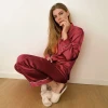 SUPHIS Women Nightwear Pajama Set Sleepwear Contrast Stripe Button Pocket Long Sleeves Blouses Pants Satin Autumn Pajama Sets