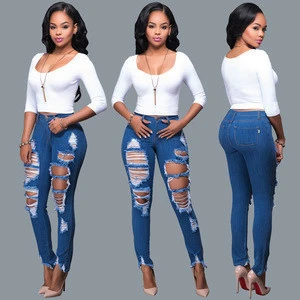 The latest fashion in 2019, cheap, high waistline, fashionable and tattered female tailor designer jeans