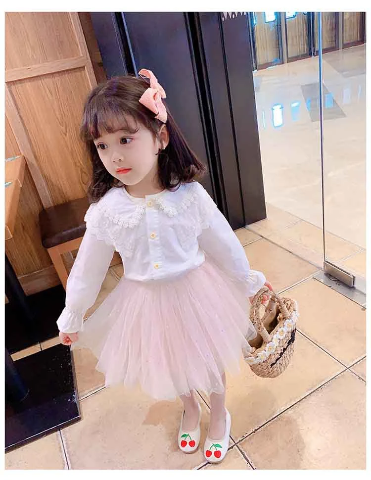 Top Selling 1pcs Wholesale Cute White Blouse Long Sleeve Kids Clothing Girls Solid Color Lace Cotton Shirts