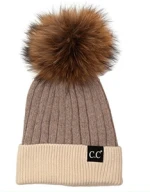 Two Tone Ribbed Knit Real Fox Fur Pom Angora Skull Cap Hat Beanie