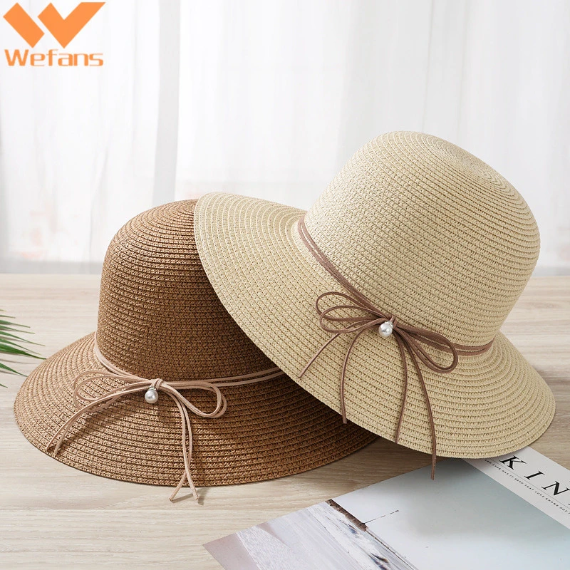 Wefans Sun hat women pearl bow straw hat face summer UV protection wild sunscreen folding travel sun cowboy hat