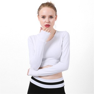 Wholesale Sexy Women Long Sleeve White Yoga Top Sport Fitness Clothing Gym Custom  Sexy Top Crop