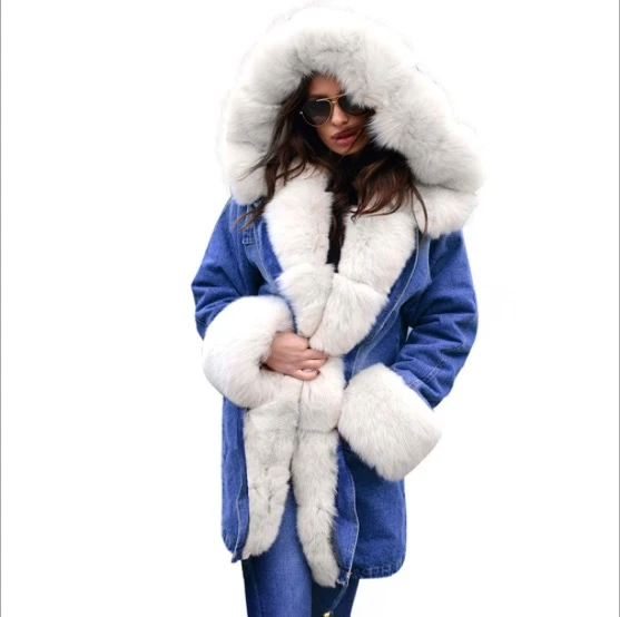 winter jacket women outwear thick parkas Lady&#x27;s denim coat natural real fox fur collar coat