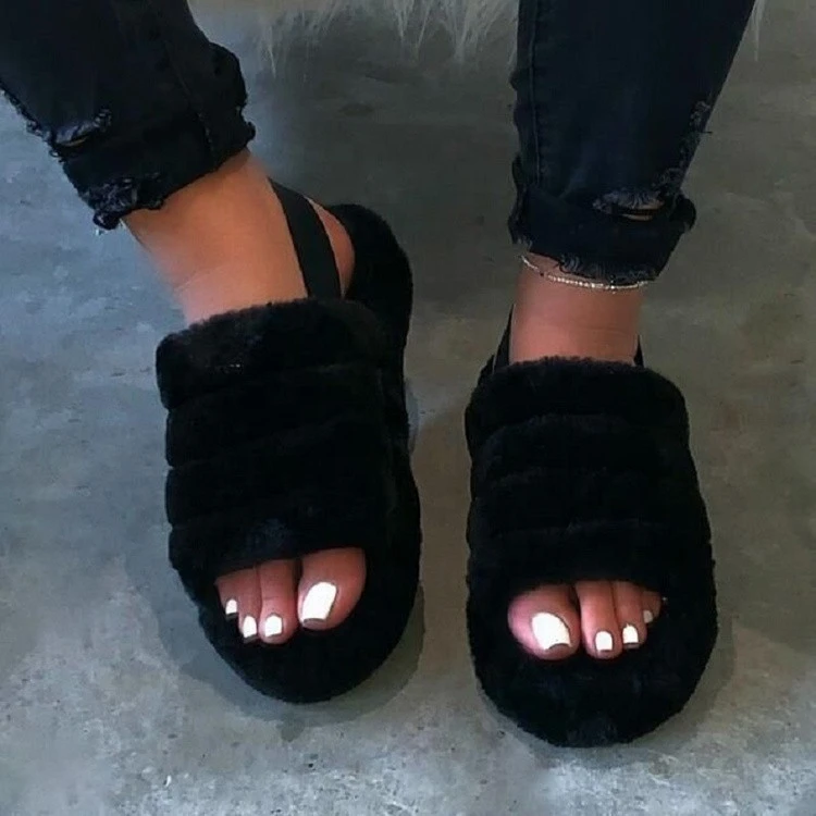 Women Summer Furry Slippers 2021 Ladies Shoes Plush Fluffy Sandals Womens Fur Slippers Warm Slippers Home Sandals Fur Slides