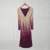 Women V Neck Long Sleeves Ombre Wrapped Ruched Irregular Party Sequin Evening Dress