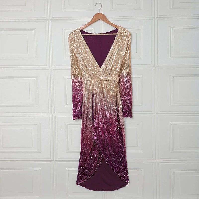 Women V Neck Long Sleeves Ombre Wrapped Ruched Irregular Party Sequin Evening Dress