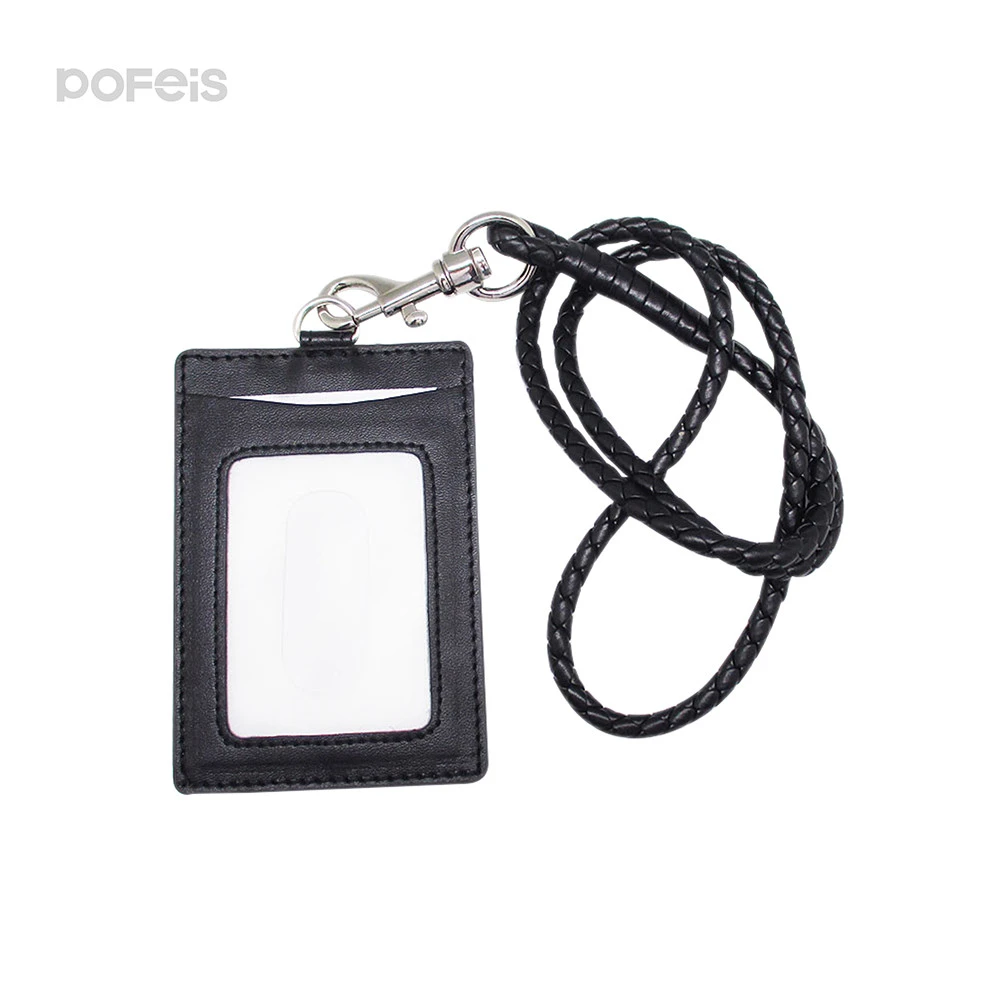Woven artificial PU leather Braided badge holder school name  card holder
