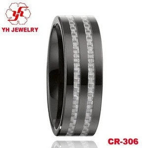 YH Jewelry Black Ceramic Ring With Two Line White Carbon Fiber Inlay