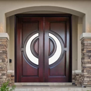 Factory Customized Size Luxury Villa Residence Entrance Double Solid Wood Door With Tempered Glass