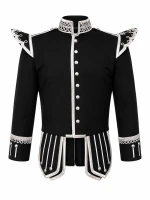 Men's Traditional Scottish Prince Charlie Military Style Jacket with Silver Trim and Decorative Buttons